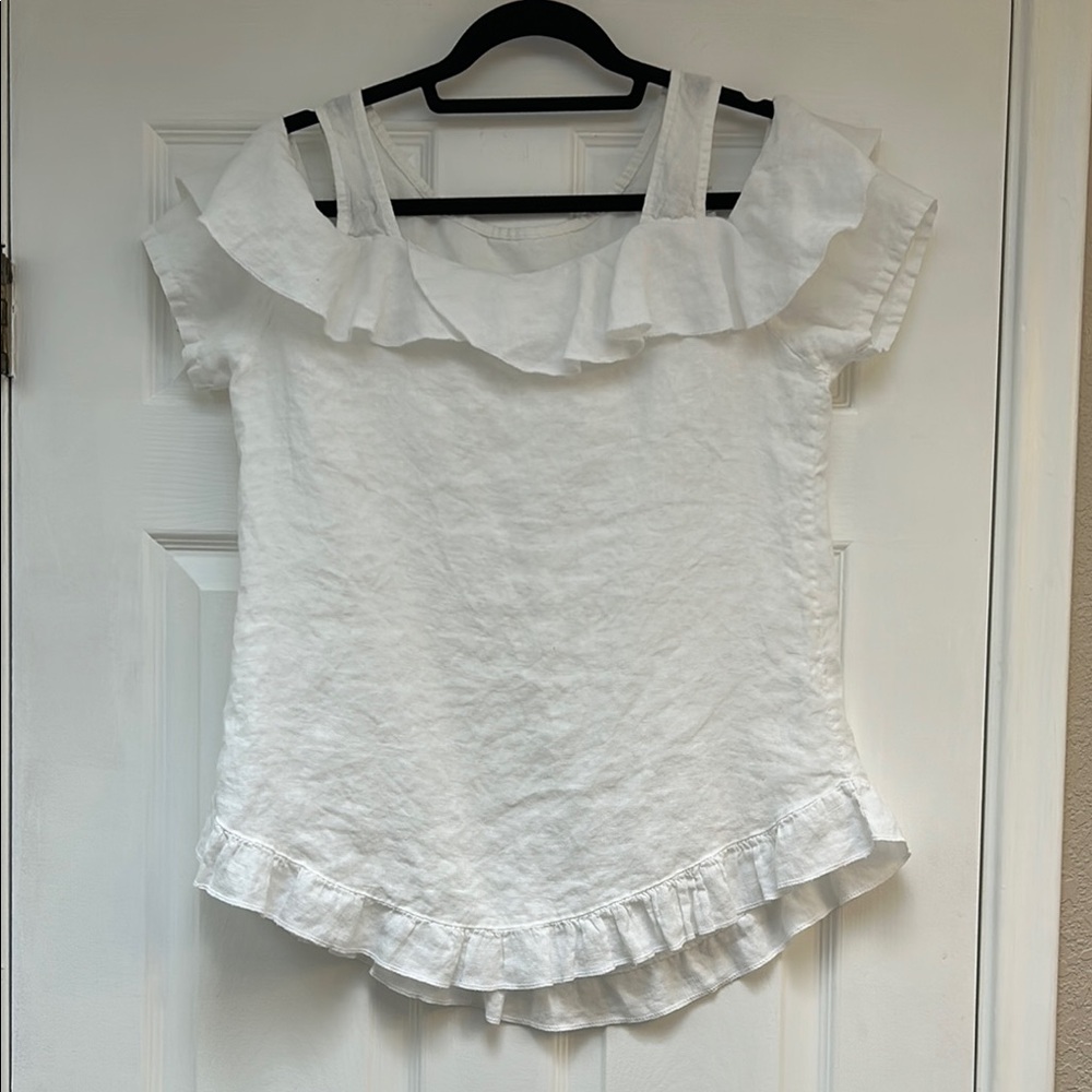 White Ruffle Off-Shoulder Linen Blouse
